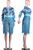 Vêtements d'extérieur à col zippé en maille à imprimé animal de rue bleu