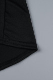 Vestidos retos pretos com estampa casual patchwork gola oblíqua