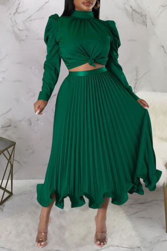 Green Casual Solid Patchwork Flounce Fold Half A Turtleneck Long Sleeve Two Pieces