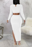 White Sexy Solid Hollowed Out Patchwork Slit O Neck Pencil Skirt Dresses