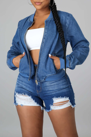 Deep Blue Street Solid Patchwork Zipper Collar Long Sleeve Harlan Cropped Denim Jacket