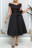 Zwarte elegante effen patchwork off-shoulder A-lijn jurken