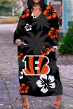 Vestidos de manga comprida com estampa casual laranja preto patchwork decote em v