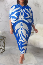 カラフルなブルー カジュアル プリント パッチワーク V ネック ペンシル スカート ドレス