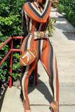Brown Sexy Striped Print Patchwork Buckle Turndown Collar Long Sleeve Two Pieces