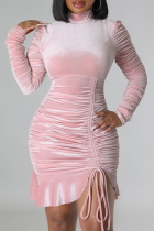 ピンク ストリート ソリッド ドローストリング フォールド ハーフ A タートルネック ペンシル スカート ドレス