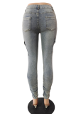 Light Blue Casual Solid Patchwork Mid Waist Skinny Denim Jeans