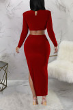 Красные сексуальные сплошные выдолбленные лоскутные платья с разрезом и круглым вырезом, юбка-карандаш