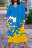 チベット ブルー カジュアル プリント パッチワーク Vネック ロング スリーブ ドレス