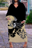 Vestidos de manga comprida com estampa casual caqui preto patchwork decote em v