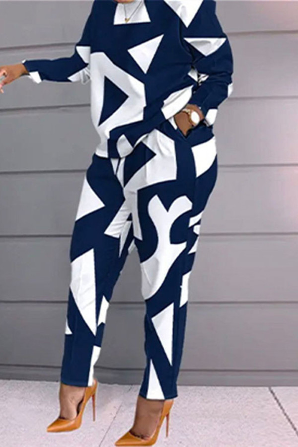 ブルー ホワイト ファッション カジュアル プリント パッチワーク O ネック 長袖 XNUMX ピース