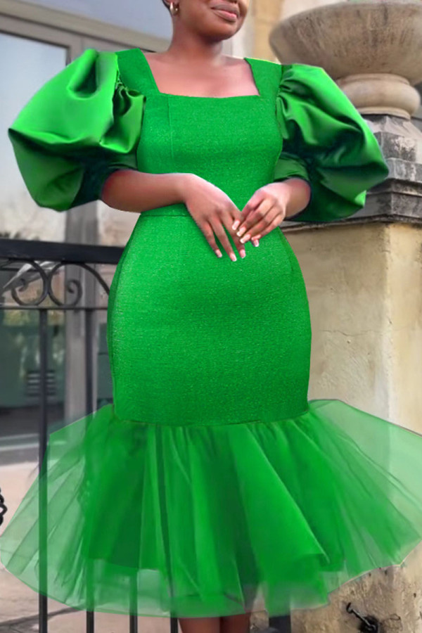 Зеленые элегантные однотонные лоскутные платья-юбка-карандаш с квадратным воротником