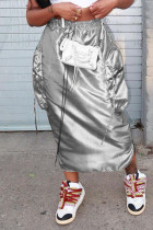 Серебряные повседневные уличные однотонные однотонные брюки в стиле пэчворк с карманами и высокой талией