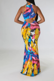 Многоцветные платья русалки в стиле пэчворк с уличным принтом и лямкой на шее