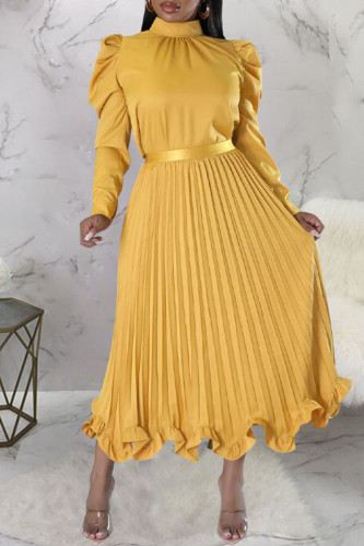Gold Casual Solid Patchwork Flounce Fold Half A Turtleneck Long Sleeve Two Pieces