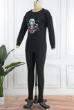 Yellow Street Skull Head Print Patchwork Long Sleeve Two Pieces