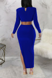 Colorful Blue Sexy Solid Hollowed Out Patchwork Slit O Neck Pencil Skirt Dresses