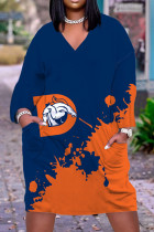 Vestidos retos laranja azul casual estampa patchwork decote em v