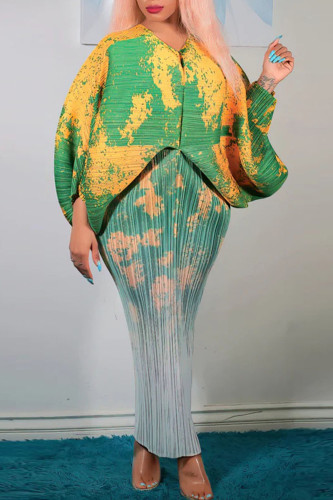Green Yellow Casual Print Patchwork V Neck Pencil Skirt Dresses
