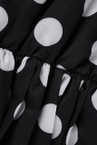 Vestidos casuais pretos com estampa de pontos patchwork sem costas manga longa plus size (sem cinto)