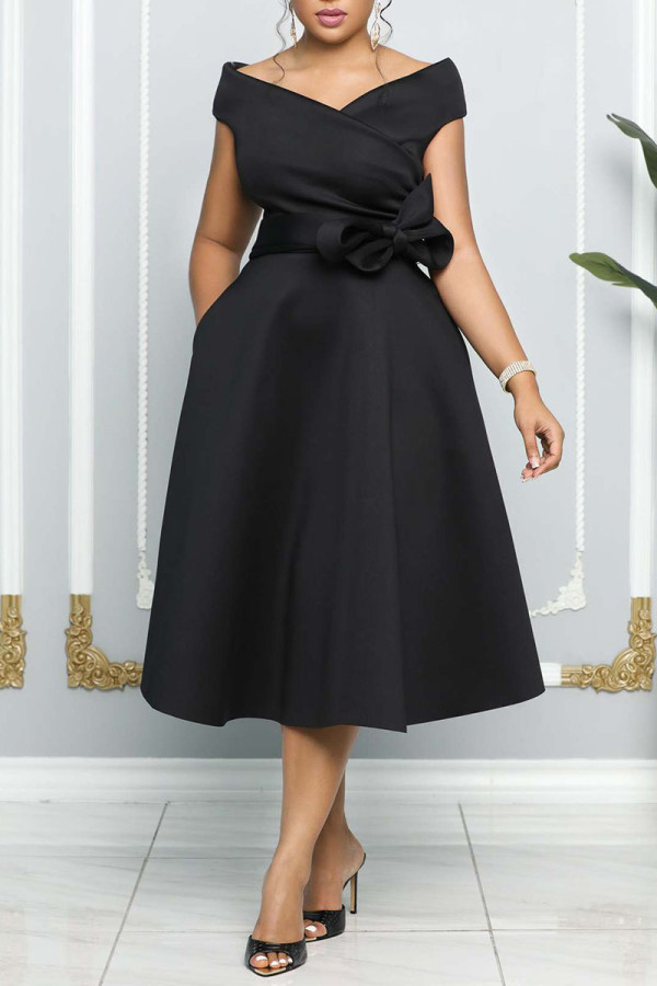 Negro elegante patchwork sólido fuera del hombro una línea de vestidos