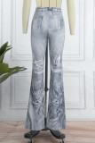 Jeans in denim a vita alta con patchwork con stampa street grigio chiaro