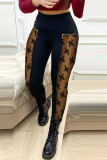Black Casual Solid Patchwork See-through Skinny High Waist Pencil Patchwork Bottoms