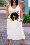 ホワイトセクシーカジュアルプラスサイズプリントバックレスVネックスリングドレス