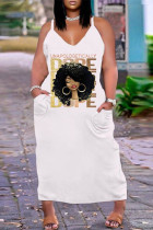 Jaune Blanc Sexy Casual Plus Size Print Backless V Neck Sling Dress