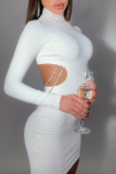 Vestidos de falda de lápiz de cuello alto ahuecado sólido sexy blanco