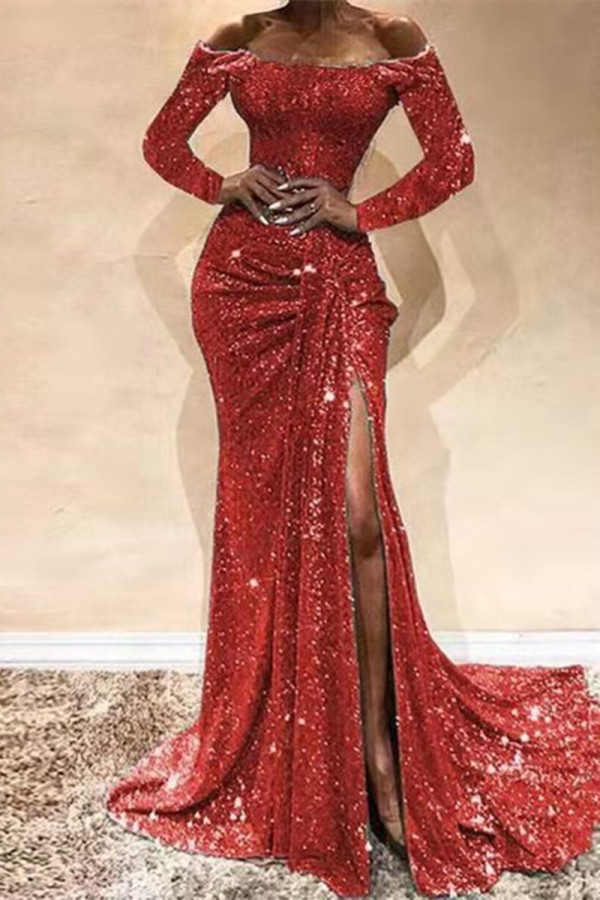 Rouge Sexy Formelle Solide Patchwork Fente De L'épaule Robe De Soirée Robes
