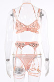Pink Sexy Embroidery Patchwork See-through Backless Lingerie