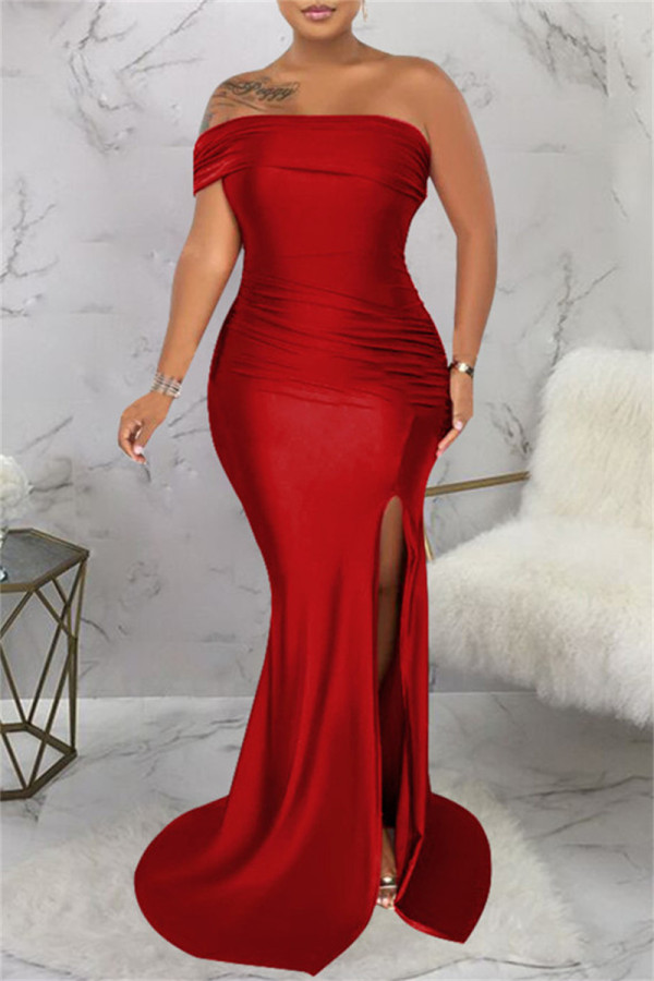 Vestido de noche de cuello oblicuo con abertura sin espalda de patchwork sólido formal sexy rojo Vestidos