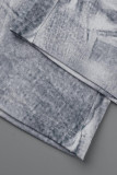 Hellgraue Patchwork-Jeans mit hoher Taille und Street-Print