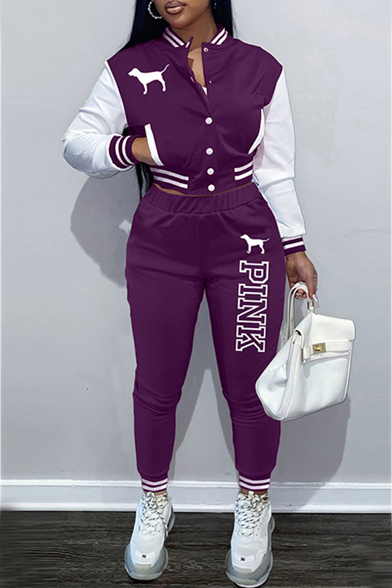 

Purple Street Print Letter Mandarin Collar Long Sleeve Two Pieces