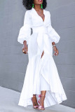 Vestidos casuais brancos de patchwork sólido com fenda decote em v manga longa