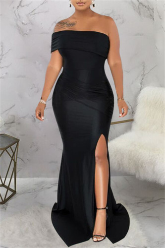Black Sexy Formal Solid Patchwork Backless Slit Oblique Collar Evening Dress Dresses