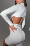 White Sexy Solid Hollowed Out Turtleneck Pencil Skirt Dresses