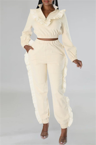 Light Apricot Casual Solid Patchwork Zipper Collar Long Sleeve Two Pieces