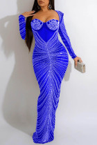 Синий сексуальный лоскутное горячее сверление прозрачное платье с квадратным воротником и открытой спиной с длинным рукавом