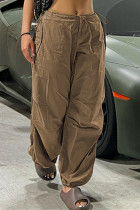 Коричневые модные повседневные однотонные лоскутные обычные брюки с высокой талией
