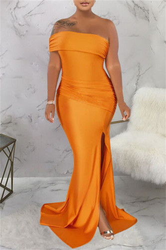 Orange Sexy Formal Solid Patchwork Backless Slit Oblique Collar Evening Dress Dresses