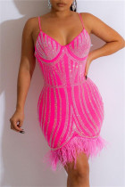 ピンクのセクシーなパッチワーク ホット ドリル バックレス スパゲッティ ストラップ ノースリーブ ドレス ドレス