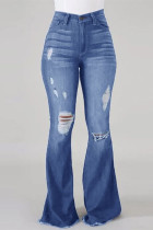 Light Blue Fashion Casual Solid High Waist Regular Flare Leg Ripped Denim Jeans
