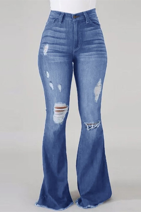 Lichtblauwe, casual, effen, gescheurde, normale denim jeans met hoge taille