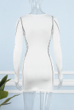 Белые сексуальные повседневные платья с круглым вырезом и длинным рукавом с принтом