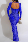 Vestidos de manga larga de cuello cuadrado sin espalda transparentes de perforación en caliente de patchwork sexy azul