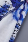 Blauwe Sexy Print Bandage Patchwork V-hals Kokerrok Jurken