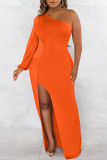 Orange, sexy, formelle, solide, rückenfreie, langärmlige Kleider mit Schlitz und schrägem Kragen