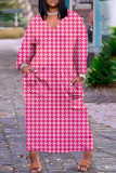 Vestidos rectos con cuello en V y patchwork con estampado de calle informal rojo